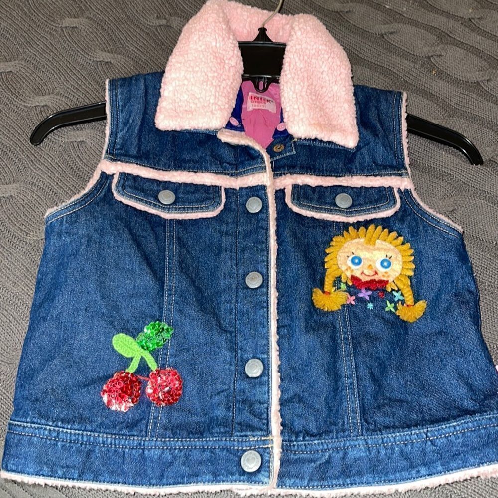 Vintage Mini K Girls Sherpa snap button Patchwork Embroidered denim vest Size 7
